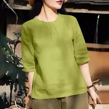 ZANZEA Женская повседневная однотонная свободная блузка с круглым вырезом и рукавом 3/4 3XL жёлтый