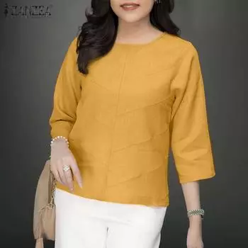 ZANZEA Женская повседневная однотонная свободная блузка с круглым вырезом и рукавом 3/4 S жёлтый