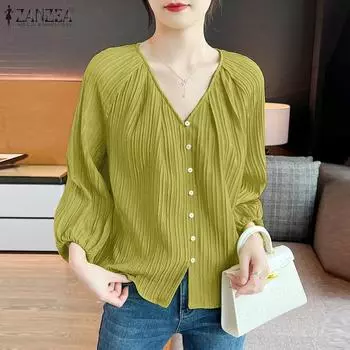 ZANZEA Женская повседневная однотонная свободная блузка с v-образным вырезом и длинными рукавами