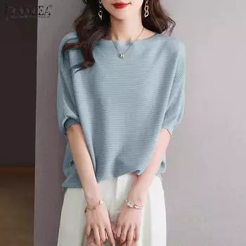 ZANZEA Женская повседневная однотонная свободная блузка в полоску с круглым вырезом и короткими рукавами S чёрный