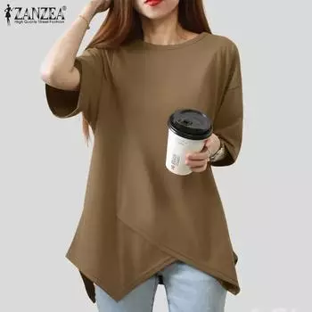 ZANZEA Женская повседневная однотонная свободная футболка с круглым вырезом и коротким рукавом S хаки