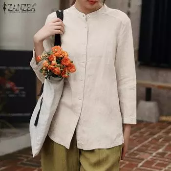 ZANZEA Женская повседневная однотонная свободная хлопковая блузка с длинным рукавом и круглым вырезом