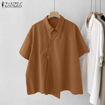 ZANZEA Женская повседневная однотонная свободная летняя блузка с коротким рукавом S белый