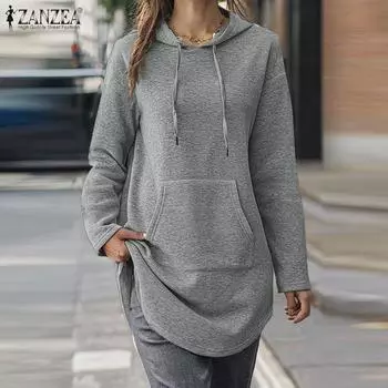 ZANZEA Женская повседневная однотонная толстовка с капюшоном и длинными рукавами S коричневый