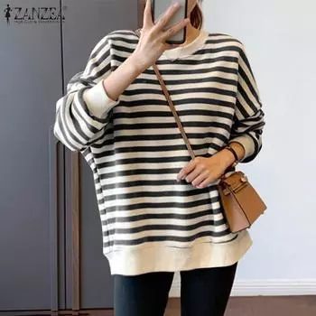 ZANZEA Женская повседневная осенняя толстовка с длинным рукавом в полоску S оранжевый