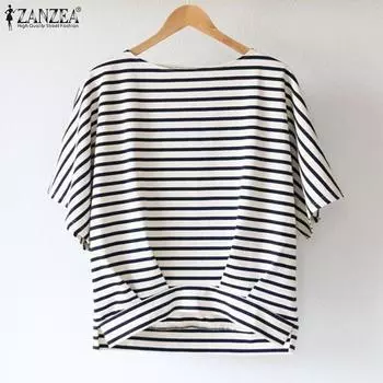 ZANZEA Женская повседневная плиссированная однотонная свободная полосатая блузка с круглым вырезом и короткими рукавами 4XL чёрный