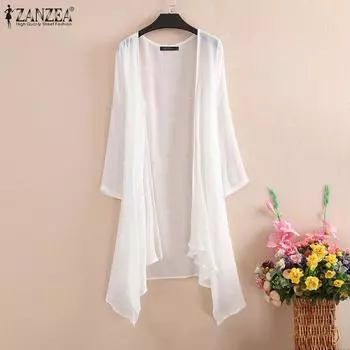 ZANZEA Женская повседневная пляжная одежда с длинными рукавами, прозрачный кардиган, пляжные накидки, топы L белый