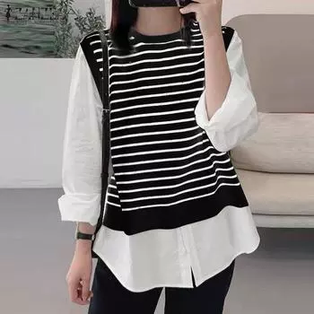 ZANZEA Женская повседневная полосатая блузка с длинным рукавом в стиле пэчворк S чёрный