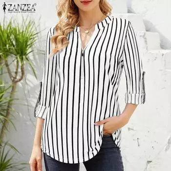 ZANZEA Женская повседневная полосатая блузка с V-образным вырезом и рукавом 3/4 S синий