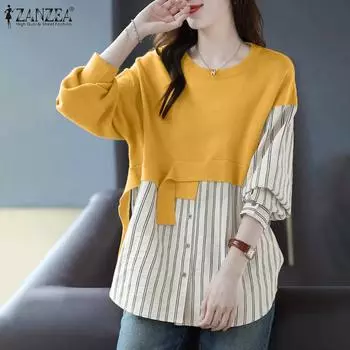 ZANZEA Женская повседневная полосатая лоскутная блузка с длинным рукавом и круглым вырезом