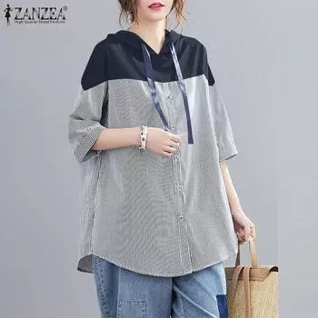 ZANZEA Женская повседневная полосатая лоскутная толстовка с коротким рукавом с капюшоном блузка S темно-синий