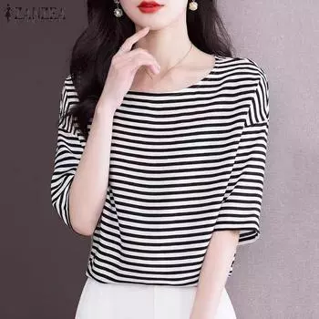 ZANZEA Женская повседневная полосатая прямая свободная футболка с круглым вырезом и половиной рукава