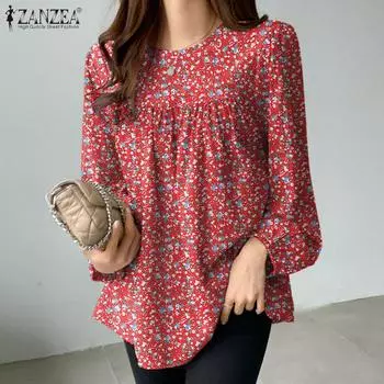 ZANZEA Женская повседневная Повседневная резиновая блузка с длинными рукавами и манжетами с цветочным принтом 3XL красный