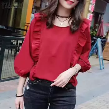 ZANZEA женская повседневная прямая однотонная свободная блузка с круглым вырезом и рукавами-воздушными шарами 3/4, оборками 5XL красный