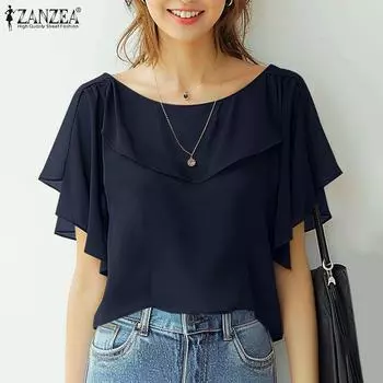 ZANZEA Женские повседневные тонкие блузки с круглым вырезом и коротким рукавом с оборками L коричневый