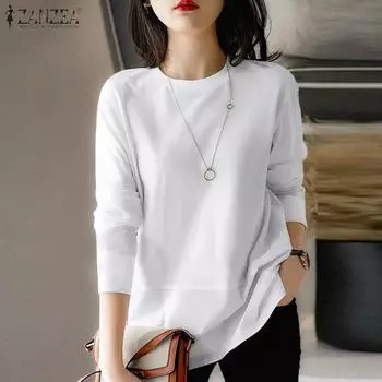 ZANZEA Женская повседневная пуловерная блузка с длинным рукавом и круглым вырезом в стиле пэчворк XL белый