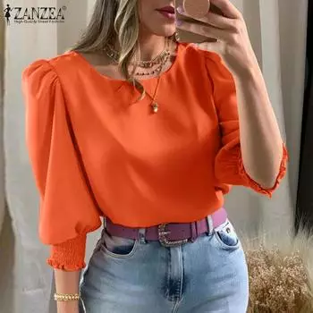 ZANZEA Женская повседневная яркая свободная блузка с круглым вырезом и рукавами-фонариками 3/4 L чёрный