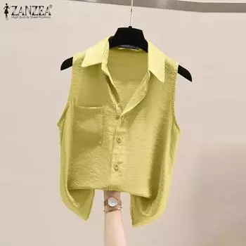 ZANZEA Женская повседневная рубашка без рукавов с воротником, прямая однотонная свободная рубашка 5XL зелёный