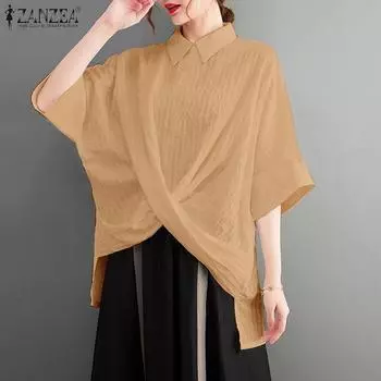 ZANZEA Женская повседневная рубашка с воротником 3/4 и рукавами 3/4, однотонная свободная рубашка с перекрестным подолом XL хаки