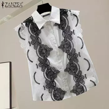 ZANZEA Женская повседневная рубашка с воротником без рукавов, лоскутное кружево, свободная рубашка S чёрный