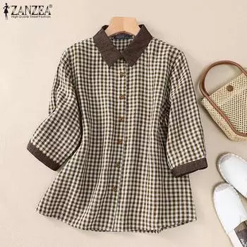 ZANZEA Женская повседневная рубашка с воротником и рукавами 3/4, свободная клетчатая рубашка S синий