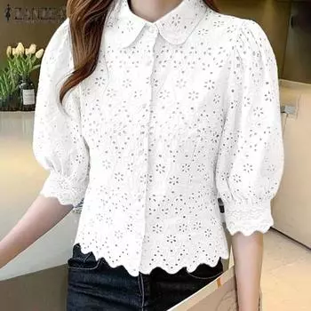 ZANZEA Женская повседневная рубашка с воротником и рукавом 3/4, кружевные рубашки в стиле пэчворк S белый