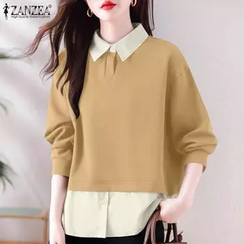 ZANZEA Женская повседневная рубашка с воротником и длинным рукавом, имитация двухкомпонентной толстовки L коричневый