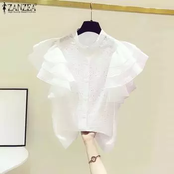 ZANZEA Женская повседневная рубашка с воротником, многослойная кружевная свободная рубашка с короткими рукавами и рюшами