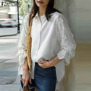 ZANZEA Женская повседневная рубашка с воротником-стойкой и длинным рукавом с цветочным принтом S белый