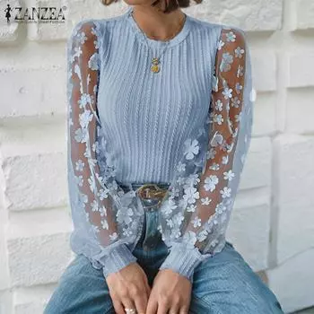 ZANZEA Женская повседневная сетчатая блузка с длинным рукавом S чёрный