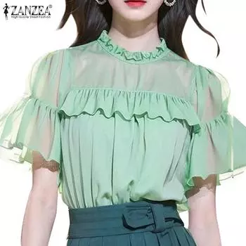 ZANZEA Женская повседневная шифоновая лоскутная блузка с круглым вырезом и коротким рукавом в стиле пэчворк L белый