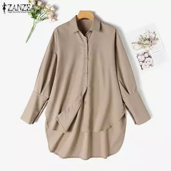 ZANZEA Женская повседневная свободная асимметричная блузка с длинным рукавом и отложным воротником