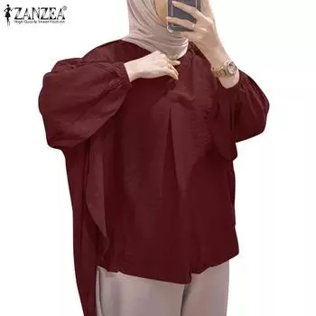 ZANZEA Женская повседневная свободная асимметричная блузка с круглым вырезом и длинными рукавами