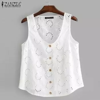 ZANZEA Женская повседневная свободная блузка без рукавов с круглым вырезом и цветочным декором, однотонная S белый