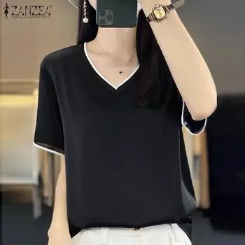ZANZEA Женская повседневная свободная блузка контрастного цвета с v-образным вырезом и короткими рукавами, сращенная лентой S розовый