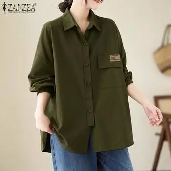 ZANZEA Женская повседневная свободная блузка на пуговицах с отложным воротником и длинными рукавами S чёрный