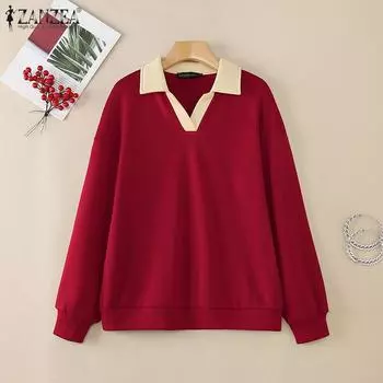 ZANZEA Женская повседневная свободная блузка-поло с отложным воротником и длинным рукавом M серый