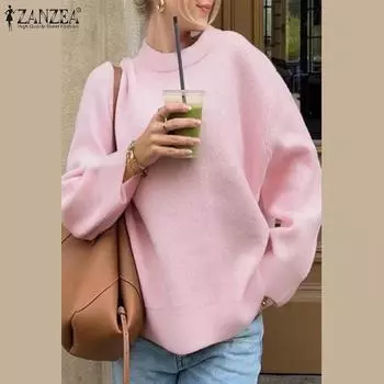 ZANZEA Женская повседневная свободная блузка-пуловер с длинным рукавом и круглым вырезом S чёрный