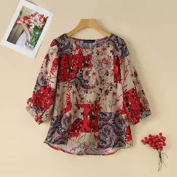 ZANZEA Женская повседневная свободная блузка с этническим принтом и рукавом 3/4 M красный