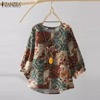 ZANZEA Женская повседневная свободная блузка с этническим принтом и рукавом 3/4 M красный