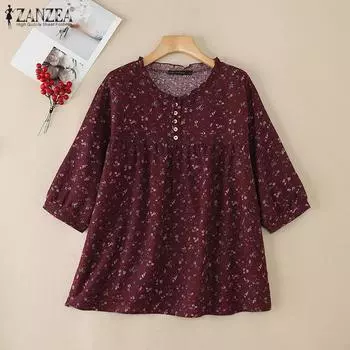 ZANZEA Женская повседневная свободная блузка с цветочным принтом и круглым вырезом с рукавами 3/4 S красный
