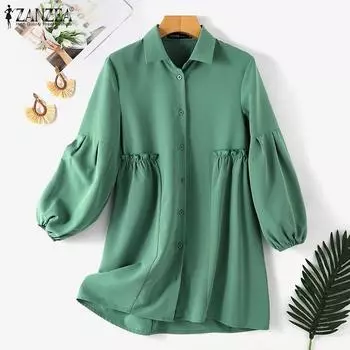 ZANZEA Женская повседневная свободная блузка с длинным рукавом и отложным воротником