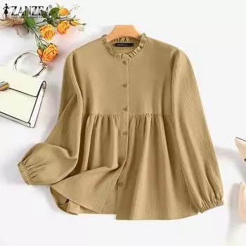 ZANZEA Женская повседневная свободная блузка с длинным рукавом и круглым вырезом S
