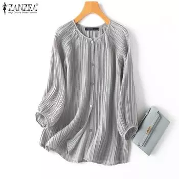 ZANZEA Женская повседневная свободная блузка с длинным рукавом и круглым вырезом S зелёный