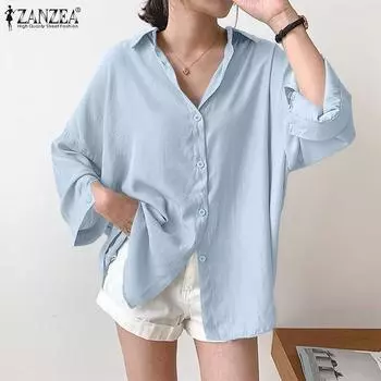 ZANZEA Женская повседневная свободная блузка с длинным рукавом и отложным воротником