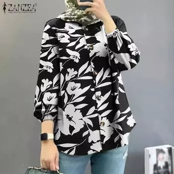 ZANZEA Женская повседневная свободная блузка с длинным рукавом и круглым вырезом в стиле ретро