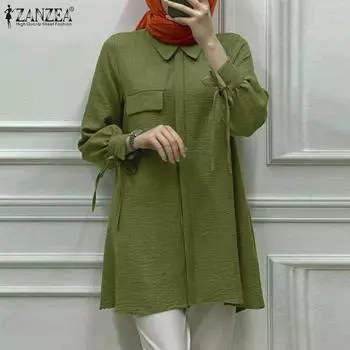 ZANZEA Женская повседневная свободная блузка с длинным рукавом и отложным воротником