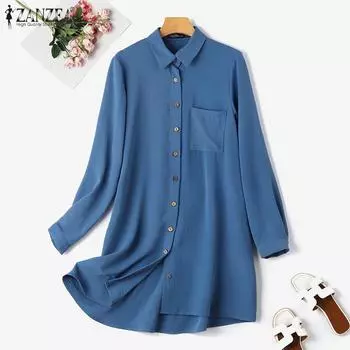 ZANZEA Женская повседневная свободная блузка с длинным рукавом и отложным воротником