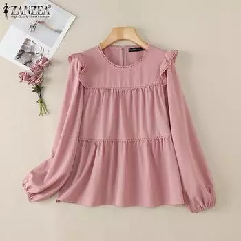 ZANZEA Женская повседневная свободная блузка с длинным рукавом и круглым вырезом 3XL розовый