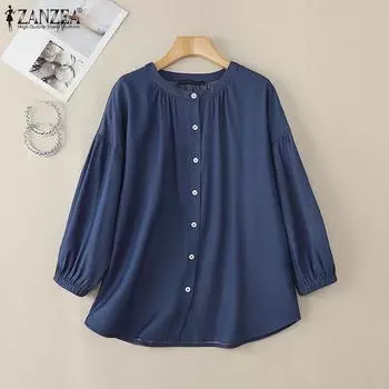 ZANZEA Женская повседневная свободная блузка с длинным рукавом и круглым вырезом S синий